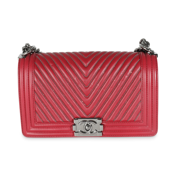 Chanel Burgundy Chevron Calfskin Chain Medium Boy Bag - Picture 1 of 8